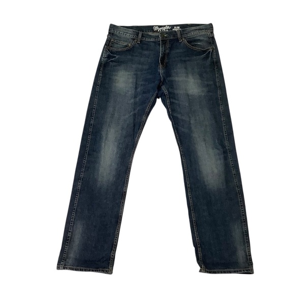 Wrangler Men’s Retro Slim Fit Straight Jeans Bozeman Blue Wash Size 36 x 34 - Picture 1 of 7